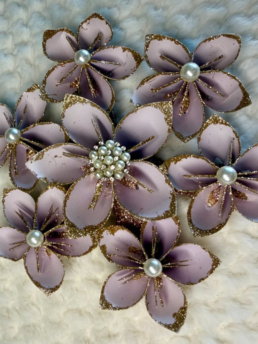 Ornate Paper Flower Decorative Ornament- Lavender/Gold/Pearl